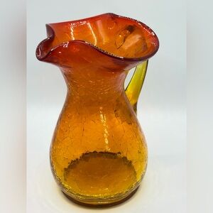 Vintage Mid Century Amberina Tangerine Crackle Glass Hand Blown Artisan Pitcher
